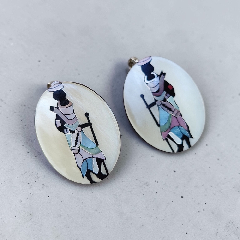 Vintage Mother of Pearl Earrings with African Woman Art